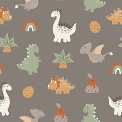 Seamless pattern with cute dinos, volkanos, palms, dino eggs and rainbows. Vector illustration.