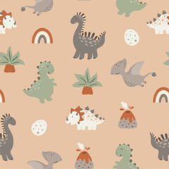 Seamless pattern with cute dinos, volkanos, palms, dino eggs and rainbows. Vector illustration.