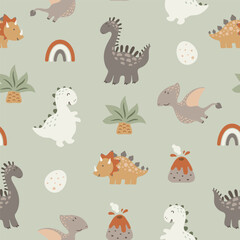 Seamless pattern with cute dinos, volkanos, palms, dino eggs and rainbows. Vector illustration.