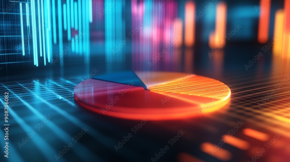 Poster 3d rendering of a financial pie chart with luminous, glowing segments and a radiant effect.