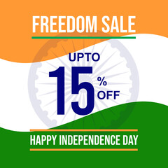 Freedom sale upto 15% off discount banner design with Indian flag and dharma chakra in background. Happy Independence Day fifteen of August India national holiday vector illustration