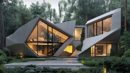 3D rendering of a contemporary house with unique geometric shapes and large windows.