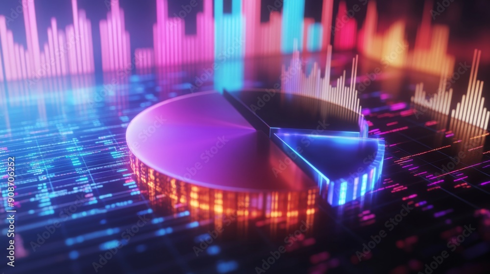 Poster 3d rendering of a financial pie chart with luminous, glowing segments and a radiant effect.