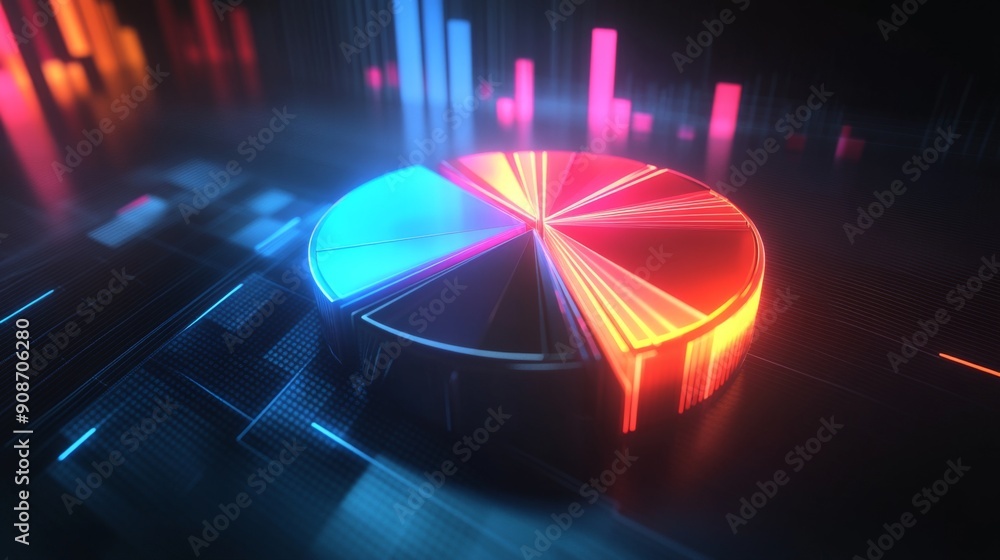 Leinwandbilder 3d rendering of a financial pie chart with luminous, glowing segments and a radiant effect.