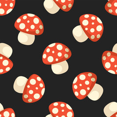 Agaric mushrooms with red cap and white dots on black background. Vector seamless pattern.