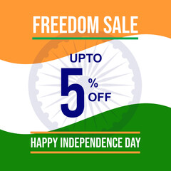 Freedom sale upto 5% off discount banner design with Indian flag and dharma chakra in background. Happy Independence Day fifteen of August India national holiday vector illustration