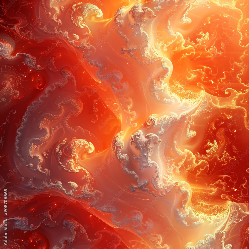 Poster vivid abstract patterns of red and orange swirls in a fractal design