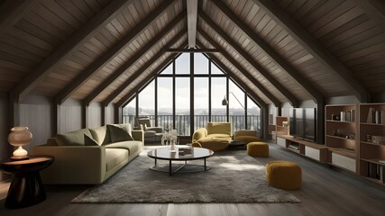 A modern luxury attic loft apartment. The open-concept living area showcases a sleek, minimalist design with floor-to-ceiling windows that provide an abundance of natural light.