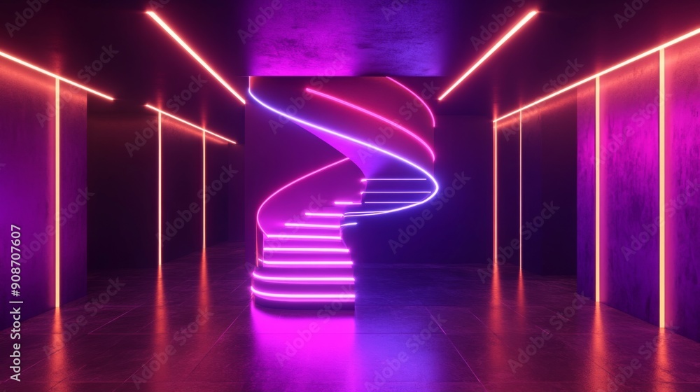 Poster 3d rendering of a neon-lit room with black walls and a glowing neon spiral staircase