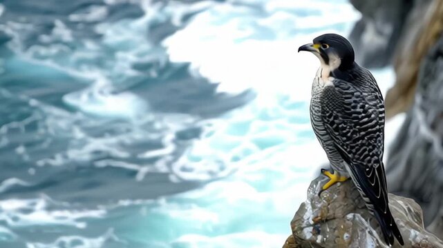 Majestic Peregrine Falcon Perched on Cliff Edge Scanning Horizon with Intense Focus