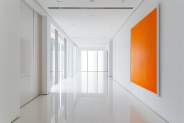 Fototapeta premium White Minimalist Corridor with Orange Art Piece: A stark, all-white hallway with clean lines and minimal decoration. 