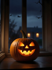 Fototapeta premium Evening , the Halloween pumpkin is on the windowsill 