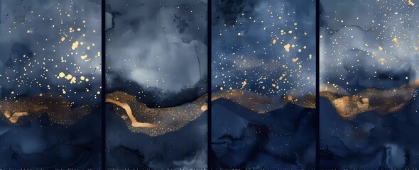 Abstract dark blue watercolor background with golden glittering dust, vector illustration. Modern art print set of four vertical banners in the style of template design covers for wedding invitation c