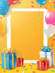 colourful birthday background with empty white square frame, balloons and gifts, yellow background