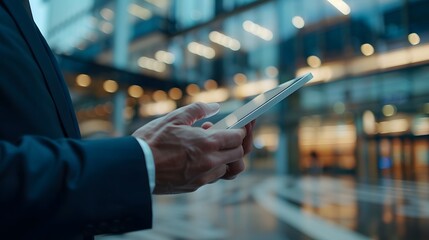 Businessman using a tablet with a financial data on the screen