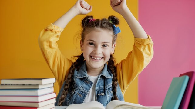 Happy school girl celebrating passed exams on yellow pink background