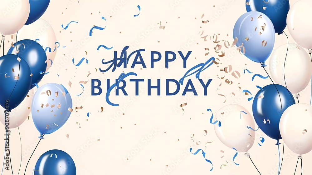 Wall mural Happy birthday card with blue and white balloons on a light background vector illustration 