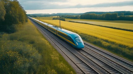 High-speed train travelling through rural landscape.