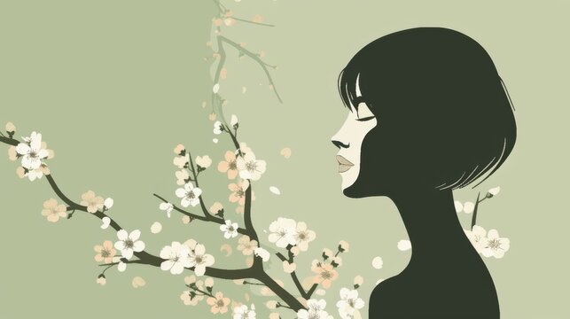 Chinese minimalism illustration, silhouette portrait of a woman with short bob-cut hair, flat illustration Chinese figure illustration on soft olive green background, cherry blossoms, copy space 