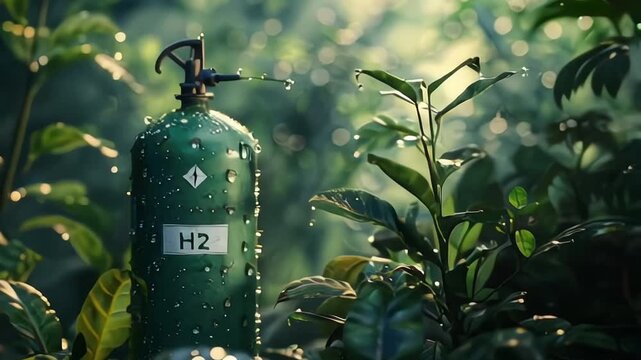 Hydrogen tank with dew-covered leaves in morning light