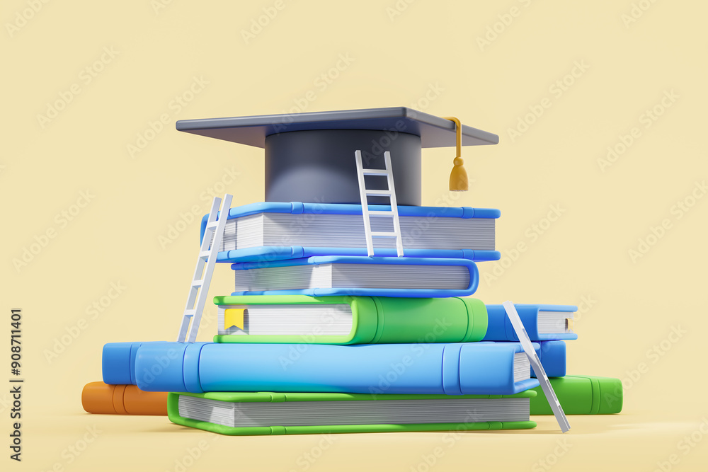 Poster stack of colorful books with graduation cap and ladders. 3d rendering