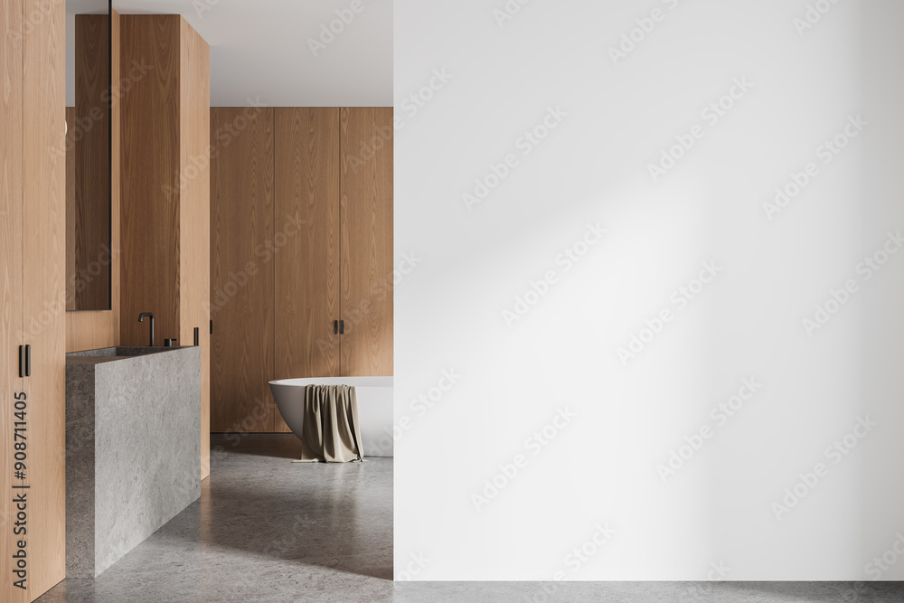 Wall mural Wooden hotel bathroom interior with sink and bathtub, mockup wall