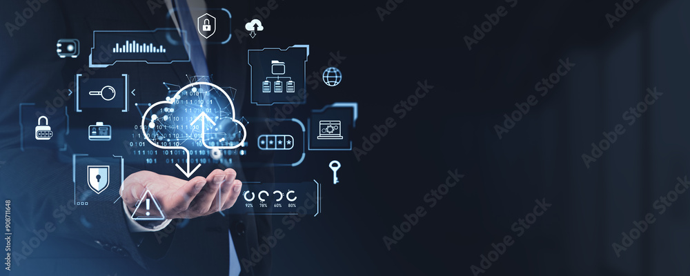 Poster man hands with glowing cloud, data storage and security. copy space