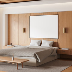 Blank canvas mockup in modern bedroom setting. 3D Rendering