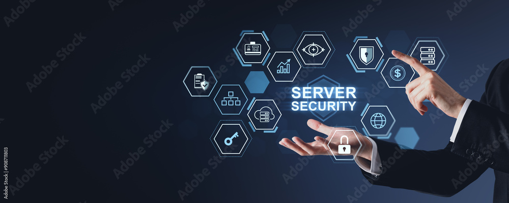 Poster businessman analyzing server security icons on a digital interface.