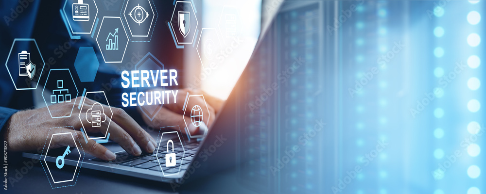 Poster hands typing on laptop with server security icons on transparent screen.