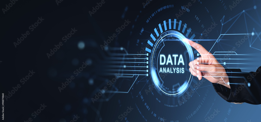 Poster digital data analysis interface with a hand pointing on a futuristic hologram..