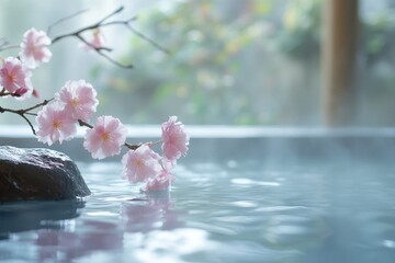 Minimalist springtime Japan Ryokan Hot spring resort image.