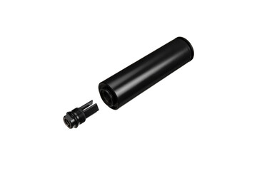Black silencer for weapons. Suppressor that is at the end of an assault rifle. Isolate on a white back.