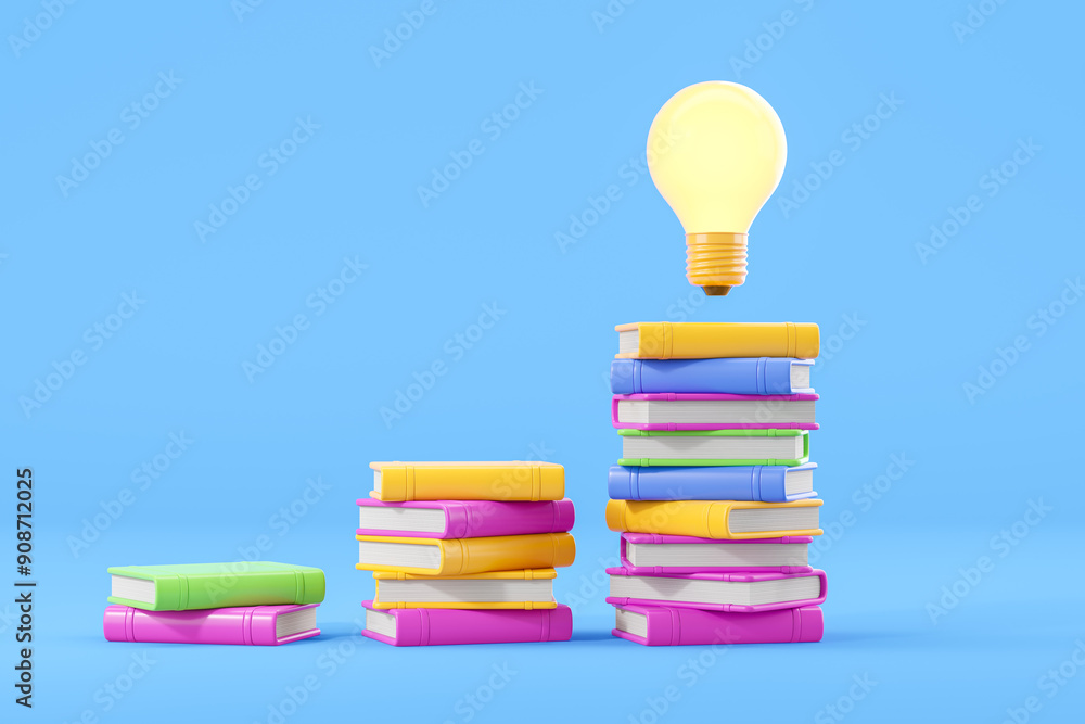 Poster Stacks of colorful books with a floating light bulb on blue background. 3D Rendering