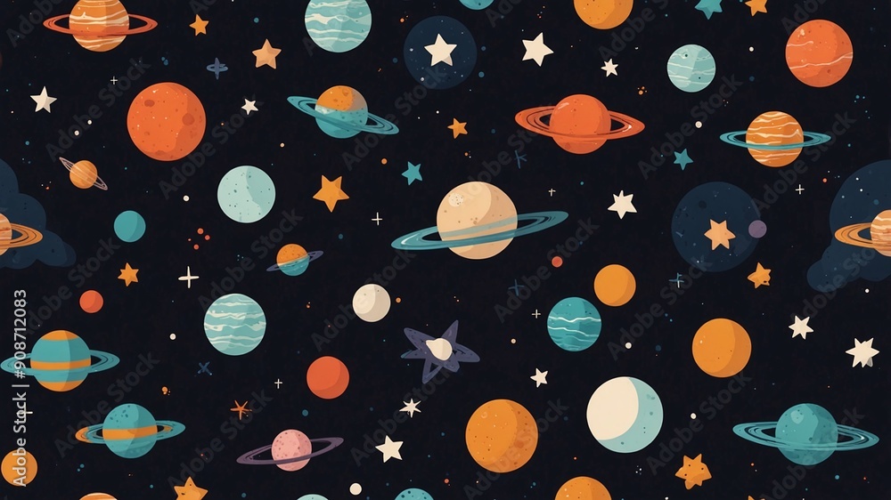Poster cartoon planets and stars in a whimsical outer space scene with colorful cosmic objects