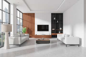 Modern living room with panoramic windows and minimalist furniture. 3D Rendering