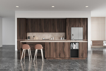 Modern kitchen interior with wooden cabinets and island. 3D Rendering