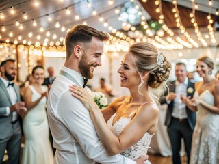 A bride and groom are dancing closely, surrounded by warm, ambient lights and smiling guests, capturing a romantic moment at their wedding reception.