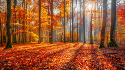 Obraz premium Stunning Autumn Forest with Sunlight Filtering Through Colorful Foliage and Trees in a Serene Natural Landscape