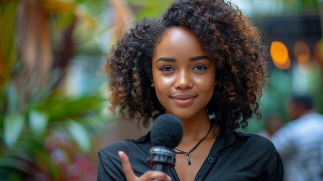 Young african american woman journalist pointing reporter microphone to the camera for television news