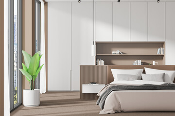 Stylish home bedroom interior with bed, accent wall and panoramic window