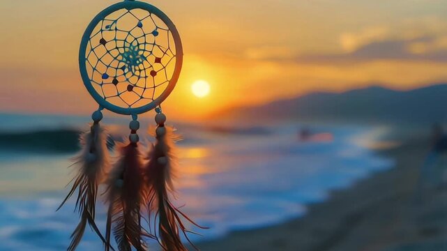 Dream catcher on the beach Harmony with nature Close up Pastel colors AI-Created Content