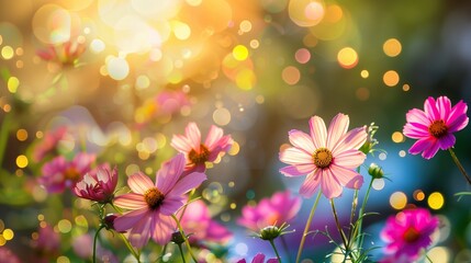 Flowers In Sunny Garden With Abstract Defocused Lights