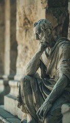 Fototapeta premium Ancient stone statue of philosopher in contemplative pose in grand arena realistic close up photo