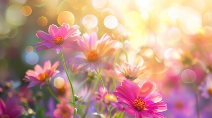 Fototapeta premium Flowers In Sunny Garden With Abstract Defocused Lights