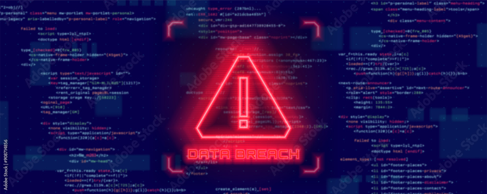 Poster data breach. hacked system or cyber attack. warning on the screen. vector illustration.