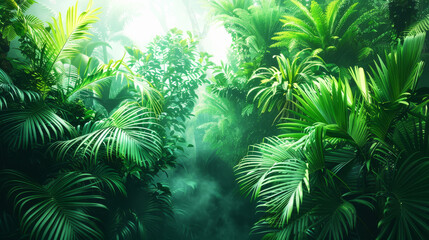 Fototapeta premium Lush Tropical Rainforest with Dense Green Foliage and Sunlight Filtering Through Canopy