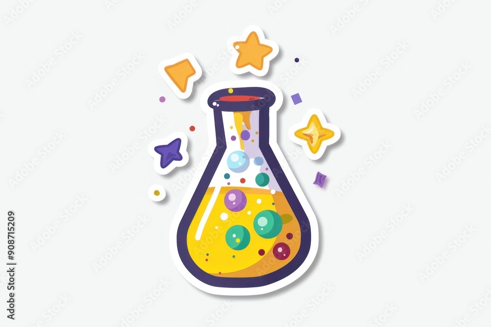 Poster colorful illustrated laboratory flask with bubbling liquid and star elements in a playful design