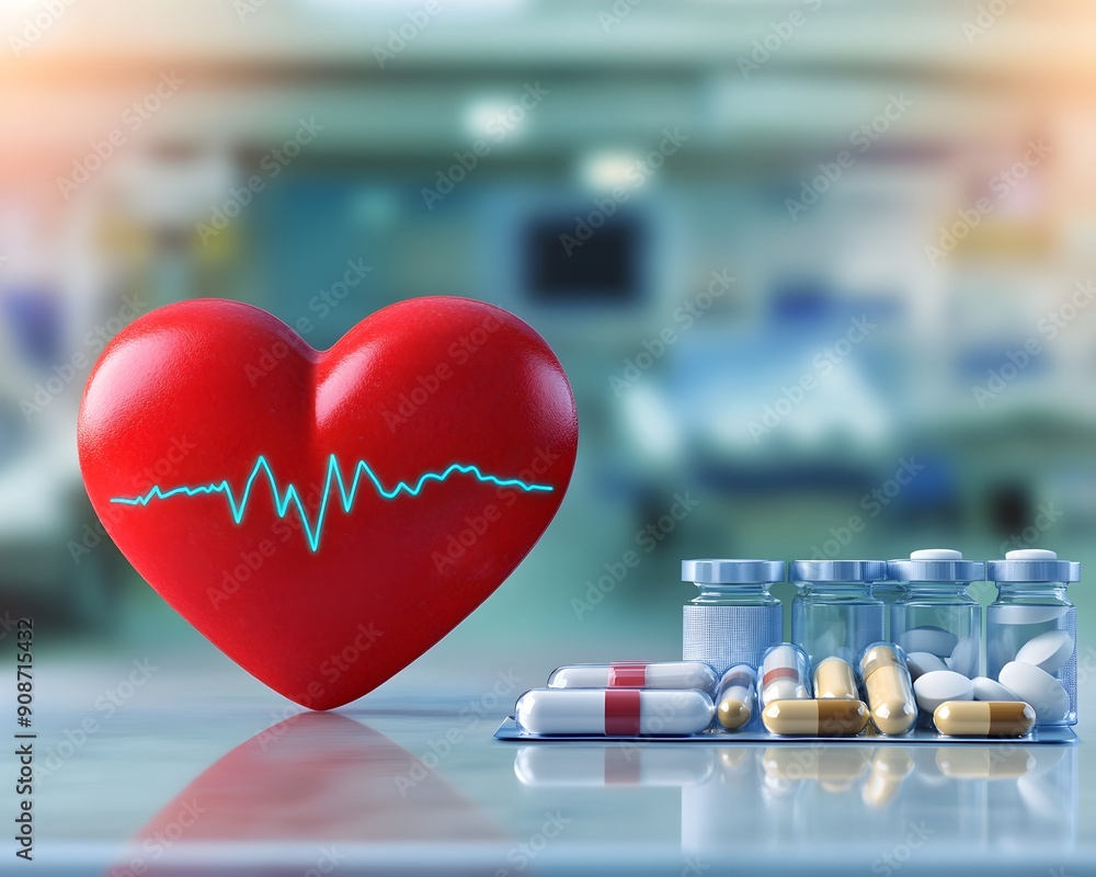 Poster red heart with a pulse line and supplements on a table in front of a blurred hospital background