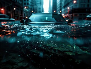 Submerged streets with cars and buildings underwater, capturing the impact of a flood, Realism, Cool tones, Digital painting